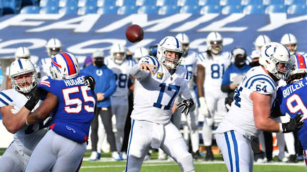 Indianapolis Colts quarterback Philip Rivers passes during Saturday's 27-24 AFC Wild Card Playoff loss to the Buffalo Bills.